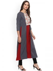 Women Grey & Maroon Colour blocked Layered Kurta