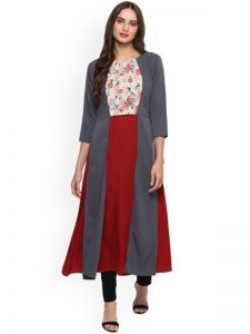 Women Grey & Maroon Colour blocked Layered Kurta