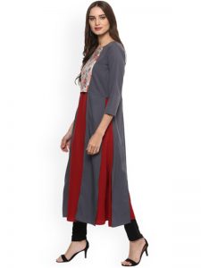 Women Grey & Maroon Colour blocked Layered Kurta