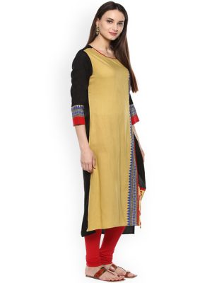 Women Mustard Yellow & Black Solid Straight Kurta