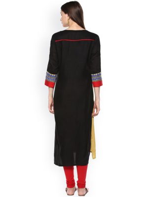 Women Mustard Yellow & Black Solid Straight Kurta