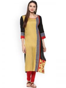 Women Mustard Yellow & Black Solid Straight Kurta