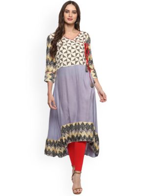 Women Grey Printed Angrakha Kurta