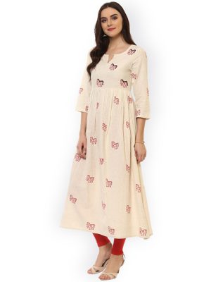 Women Cream-Coloured Printed Anarkali Kurta