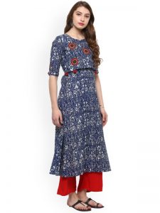 Women Blue Printed Straight Kurta