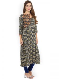 Women Blue & Beige Printed A-Line Kurta