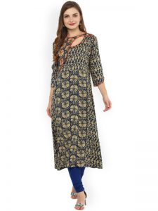 Women Blue & Beige Printed A-Line Kurta