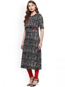 Women Black Printed Straight Kurta