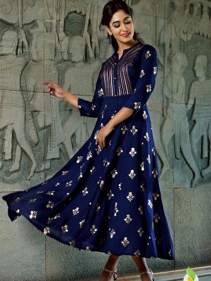 Pure Reyon Fabric Gold Print Blue Kurti