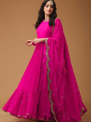 Fox Georgette & Embroidery And Diamond Work Pink Gown