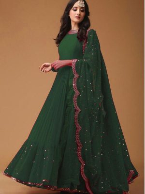 Fox Georgette & Embroidery And Diamond Work Green Gown