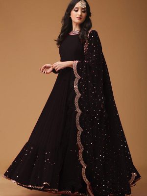 Fox Georgette & Embroidery And Diamond Work Black Gown