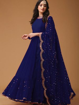 Fox Georgette & Embroidery And Diamond Work Blue Gown