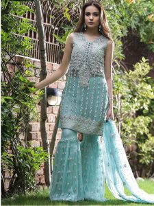 Fepik Net Heavy Embroidery Work Sky Blue Palazo Suit