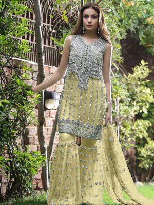 Fepik Net Heavy Embroidery Work Yellow Palazo Suit