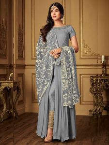 Heavy Georgette Coding & Stone Work Light Grey Anarkali Suit