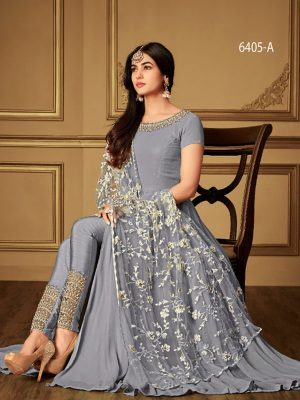 Heavy Georgette Coding & Stone Work Light Grey Anarkali Suit