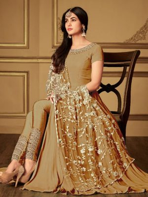 Heavy Georgette Coding & Stone Work Light Brown Anarkali Suit