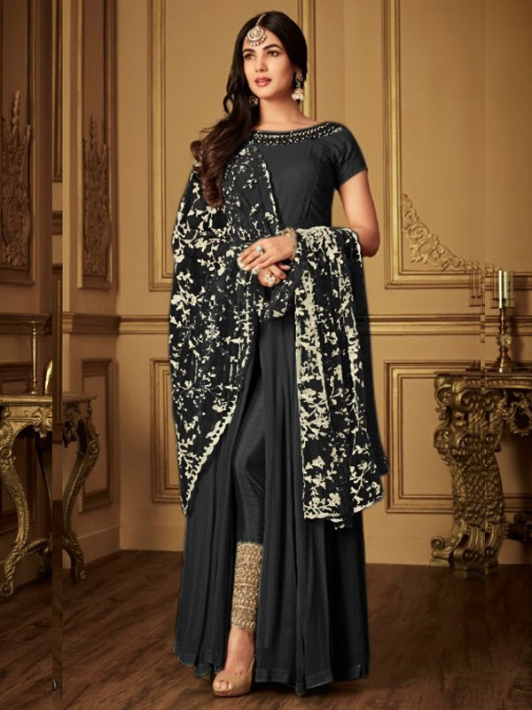 Buy Party Wear Black Embroidery Work Georgette Anarkali Suit Online From  Surat Wholesale Shop.