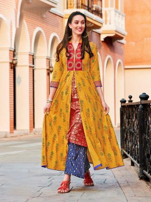 Yellow Heavy Reyon & Cotton Kurti