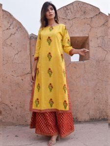 Albeli Yellow Block Printed Cotton Hand Block Printed A Line Kurta