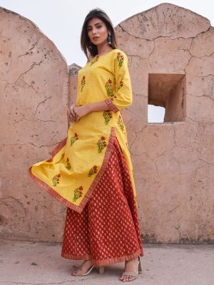 Albeli Yellow Block Printed Cotton Hand Block Printed A Line Kurta