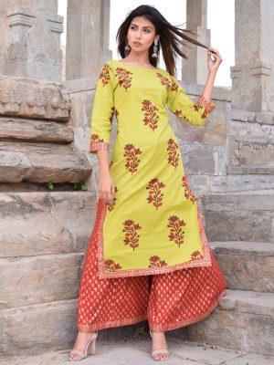 Albeli Green Block Printed Cotton Hand Block Printed A Line Kurta