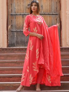 Laadli Pink Block Printed Salwar Suit Set With Designer C Cut Kurta