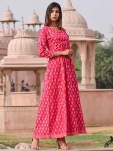 Mastani Pink Block Printed Hand Block Gold Printed Rajputi Style Gown