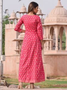 Mastani Pink Block Printed Hand Block Gold Printed Rajputi Style Gown
