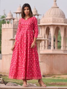 Mastani Pink Block Printed Hand Block Gold Printed Rajputi Style Gown