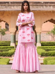 Amira Pink Block Printed Hand Block Printed Sharara Kurta