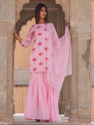 Amira Pink Block Printed Hand Block Printed Sharara Kurta