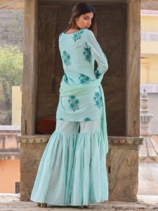 Amira Turquoise Block Printed Hand Block Printed Sharara Kurta