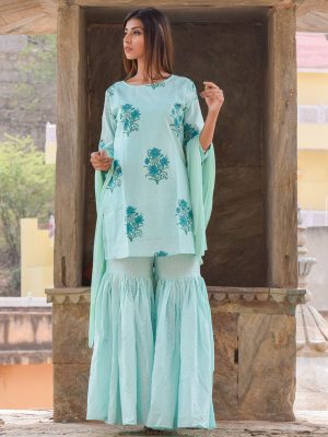 Amira Turquoise Block Printed Hand Block Printed Sharara Kurta