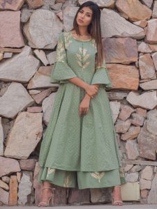 Anaya Green Block Printed Kalidar Style With Polka Dots Kurta
