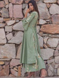 Anaya Green Block Printed Kalidar Style With Polka Dots Kurta