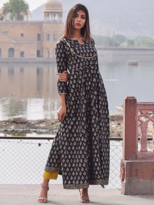 Mastani Black Block Printed Hand Block Gold Printed Rajputi Style Gown