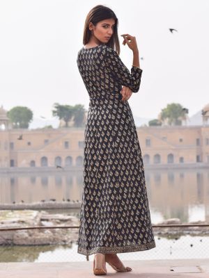 Mastani Black Block Printed Hand Block Gold Printed Rajputi Style Gown