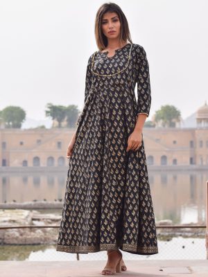 Mastani Black Block Printed Hand Block Gold Printed Rajputi Style Gown