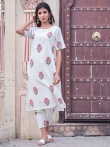 Shaamiya Block Printed Pure Cotton White Kurta