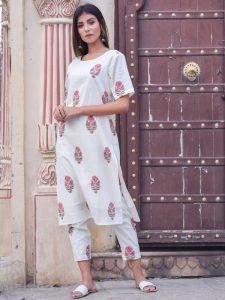 Shaamiya Block Printed Pure Cotton White Kurta