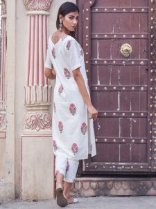 Shaamiya Block Printed Pure Cotton White Kurta