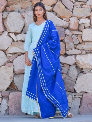 Sky-Blue Plain Cotton Kurta With Dupatta