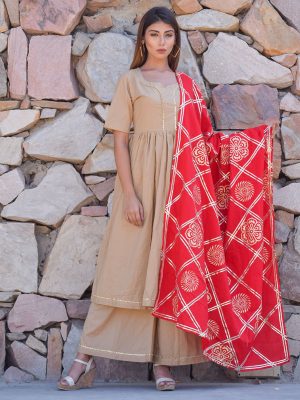 Ethnic Gher Pleated Kurta Plazzo And Dupatta