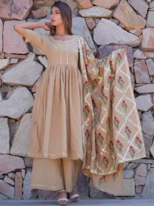 Coffee Plain Cotton Kurta Sets