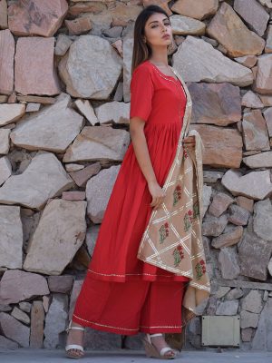 Red Plain Cotton Ethnic Gher Pleated Kurta Plazzo And Dupatta