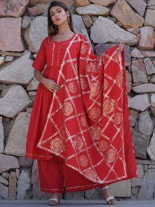 Red Plain Cotton Kurta Sets