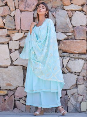 Sky Blue Ethnic Gher Pleated Kurta Plazzo And Dupatta