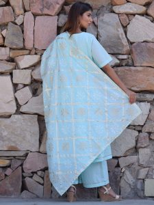 Sky Blue Ethnic Gher Pleated Kurta Plazzo And Dupatta